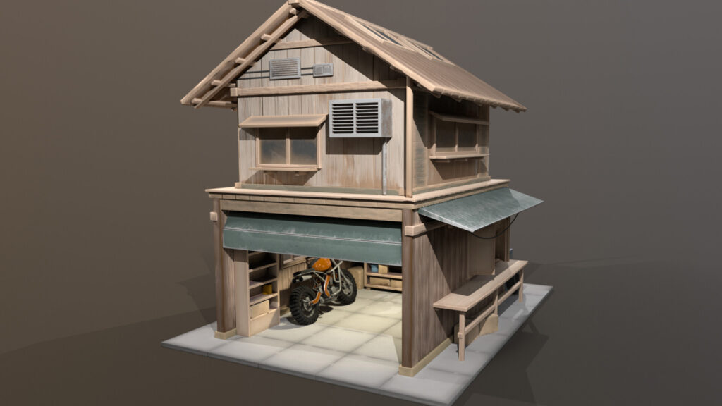 Wooden House with Bike in Garage 01